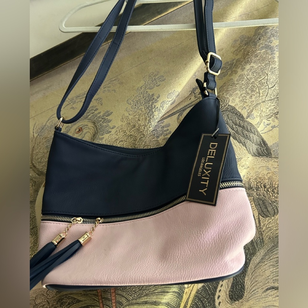* New Deluxity Navy Blue Blush Pink Vegan Leather Bag *